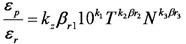 Epsilon subscript p divided by epsilon subscript r equals k subscript z times the quantity beta subscript r1 times the quantity 10 raised to the power k subscript 1 times the quantity T raised to the power k subscript 2 times beta times r subscript 2 times the quantity N raised to the power k subscript 3 times beta times r subscript 3.