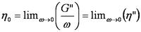 Eta subscript 0 equals the limit as angular frequency approaches zero of the expression open parenthesis G double prime divided by angular frequency closed parenthesis which equals the limit of open parenthesis eta double prime closed parenthesis as angular frequency approaches zero.