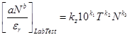 Open bracket a times N raised to the power b divided by epsilon subscript r closed bracket subscript Lab Test equals k subscript z times the quantity 10 raised to the power k subscript 1 times the quantity T raised to the power k subscript 2 times the quantity N raised to the power k subscript 3.