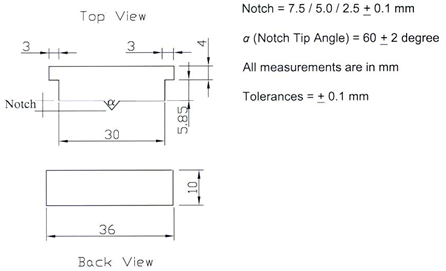 This illustration shows a scaled engineering drawing of dimensions of brass mold double-edged notched tension (DENT) inserts, which create the different notched ligaments.