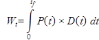 W subscript t equals the integral from zero to t subscript f of the quantity P times open parenthesis t closed parenthesis times D times open parenthesis t closed parenthesis times dt (units in kJ).