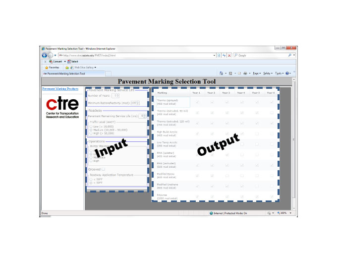 This screenshot shows the working area for the pavement marking selection tool (PMST). There is a section for input and one for output.