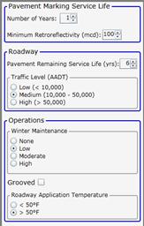 This screenshot shows the input section of the initial screen for the pavement marking selection tool (PMST), with areas for pavement marking service life, roadway, and operations.