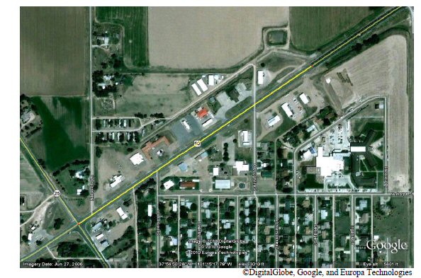 This figure shows a satellite photo of the US 50/K25 junction in Kansas. A 0.44-mi stretch of US 50 is highlighted in yellow.