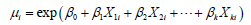 Mu subscript i equals exp times open parenthesis beta subscript zero plus beta subscript l times X subscript 1i plus beta subscript 2 times X subscript 2i plus ellipsis plus beta subscript k times X subscript ki close parenthesis.