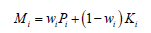 M subscript i equals w subscript i times P subscript i plus open parenthesis (1 minus w subscript i) close parenthesis times K subscript i. 