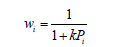 w subscript i equals 1 divided by 1 plus k times P subscript i.