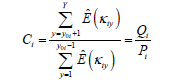 C subscript i equals summation from y equals y subscript 0i plus 1 to Y of E-hat open parenthesis kappa subscript iy close parenthesis divided by summation from yÂ¬ equals 1 to y subscript 0i minus 1 of E-hat open parenthesis kappa subscript iy close parenthesis equals Q subscript i divided by P subscript i. 