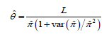 Theta-hat equals L divided by pi-hat times open parenthesis 1 plus var times open parenthesis pi-hat close parenthesis divided by pi-hat squared close parenthesis.