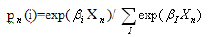 P subscript n open parenthesis i close parenthesis equals exponential open parenthesis beta subscript i times chi subscript n close parenthesis divided by the summation of series I of exponential open parenthesis beta subscript I times chi subscript n close parenthesis.