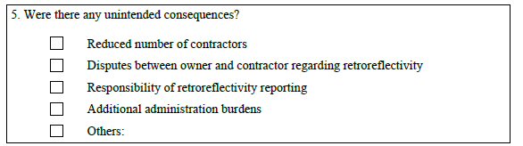 This figure shows the fifth question from a 2008 national survey used to gather information from States regarding the impacts of State bidding and procurement processes. The survey question asks, Were there any unintended consequences? Options for response are: reduced number of contractors, disputes between owner and contractor regarding retroreflectivity, responsibility of retroreflectivity reporting, additional administration burdens, and others.
