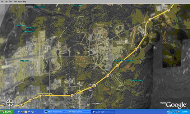 This figure shows a screenshot of a GoogleÂ® Earth image of Anchorage, AK, with proposed marking installation sites 1 through 9 labeled along a yellow path on Glenn Highway.