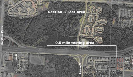 This photo shows a satellite image of a 0.5 mi testing area labeled section 3 on part of Glenn Highway in Anchorage, AK.