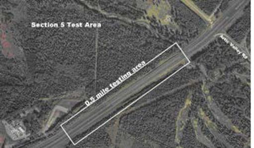 This photo shows a satellite image of a 0.5 mi testing area labeled section 5 on part of Glenn Highway in Anchorage, AK.