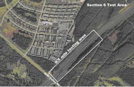 This photo shows a satellite image of a 0.5 mi testing area labeled section 6 on part of Glenn Highway in Anchorage, AK.