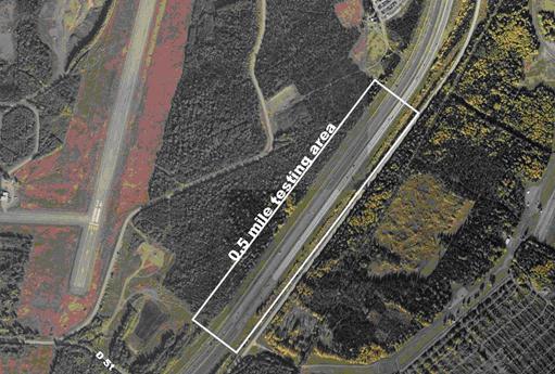 This photo shows a satellite image of a 0.5 mi testing area labeled section 8 on part of Glenn Highway in Anchorage, AK.
