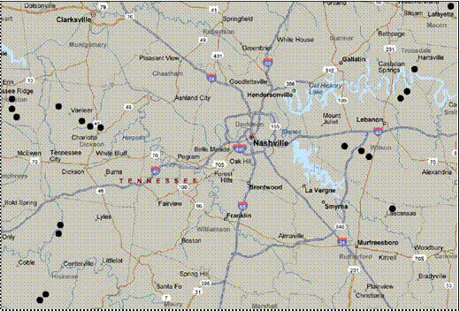 This figure shows a map of 19 curve study sites in central Tennessee. Nashville is near the center of the map. Black dots indicate the location of the study sites, which are all outside the greater Nashville area.