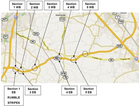 This figure shows a map of Nashville, TN, with 10 proposed marking installation sites along SR 840 labeled as sections 1 WB through 5 WB and 1 EB through 5 EB.