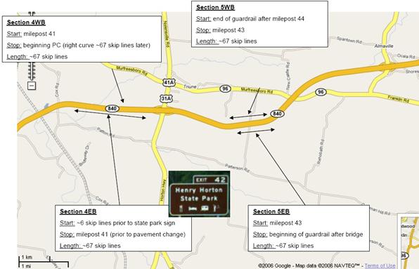 This figure shows a map of Nashville, TN, with labels for test sections 4 WB, 5 WB, 4 EB, and 5 EB on SR 840. An inlaid image shows an exit sign for Henry Horton State Park, located within section 4 EB.