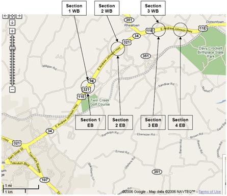 This figure shows a map of Tusculum, TN, with six proposed marking installation sites on SR 34 labeled as sections 1 WB through 3 WB and 1 EB through 4 EB.