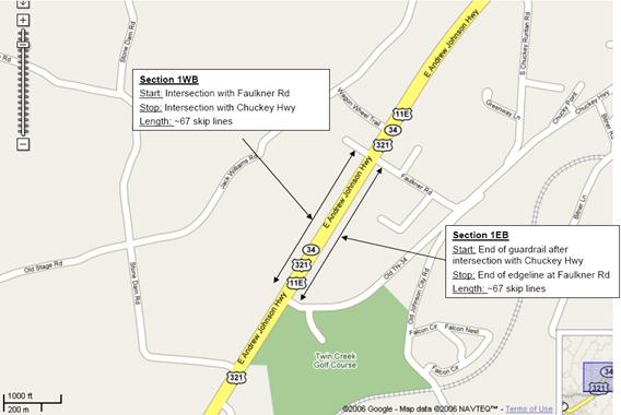 This figure shows a map of Tusculum, TN, with labels on SR 34 for test sections 1 WB and 1 EB.