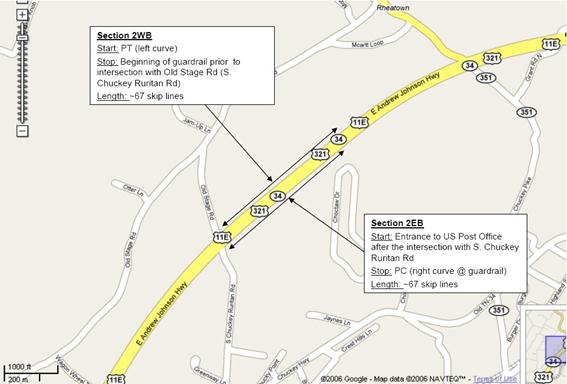 This figure shows a map of Tusculum, TN, with labels on SR 34 for test sections 2 WB and 2 EB.