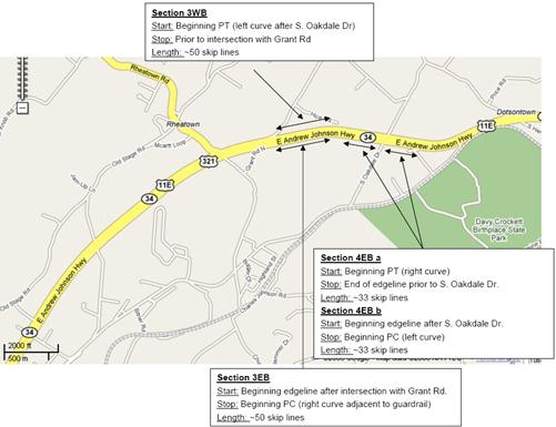 This figure shows a map of Tusculum, TN, with labels on SR 34 for test sections 3 WB, 3 EB, 4 EB a, and 4 EB b.