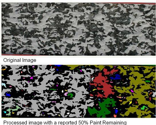 This figure shows two photos of methyl methacrylate (MMA) pavement marking processes using the presence tool. The original image is black and white, and the processed image with a reported 50 percent paint remaining shows the addition of red, blue, green, yellow, and other colors.