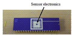 This figure shows a sensor prototype manufactured on a dual-in-line package (DIP)40. The DIP40 packaging system is a blue rectangle, and the chip is a white square and is centered in the middle. The sensor electronics are in the center of the chip.