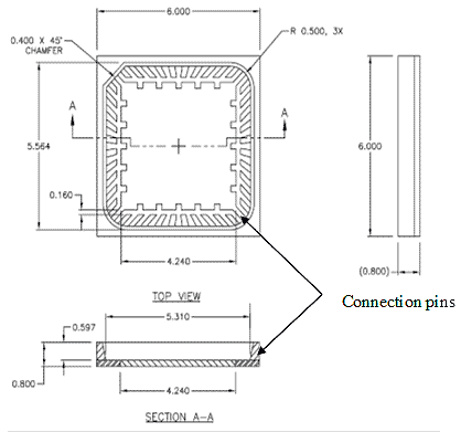 This photo shows a sensor connection package. There are three figures: the figure on top shows the top view, the figure on the right shows a side view, and the figure on the bottom shows a cross section area through the center of the design. The top view has dimensions of 0.23 by 0.22 inch (6.0 by 5.564 mm). The top left corner is flat and is labeled  chamfer 0.4 x 45 degrees.  The remaining corners are rounded, and the top right corner is labeled  R 0.500, 3x.  The inside length is 0.165 inch (4.240 mm). The inside of the packaging design has five notches on each side. The side view shows that the depth is 0.031 inch (0.800 mm), and the length is 0.23 inch (6.0 mm). The cross sectional area shows that there is a bottom and two sides, and the sides are slightly tapered. The inside distance at the bottom is 0.207 inch (5.310 mm), the distance from the top of the sides to the inside bottom is 0.023 inch (0.597 mm), and the distance from the top of the side to the outside bottom is 0.031 inch (0.800 mm).