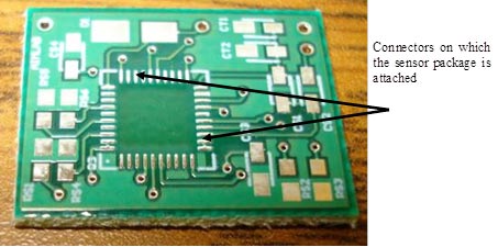 This photo shows a sensor interface board, which contains electronic circuitry. There is a dark green square located to the left of the center with metallic lines extending from it and running to other small metallic squares all over the board.