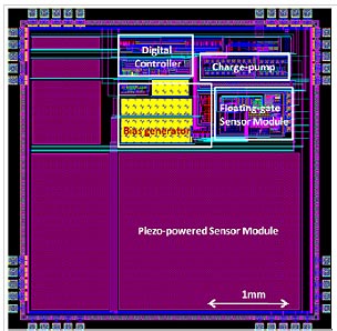 This figure shows the layout of a piezo-sensor module. It is shown as a purple square with several boxes outlined in white in the top right corner of the square. The box in the upper right corner is labeled charge-pump, the box to the left is labeled digital controller, the box below that is labeled bias generator, and the box next to it labeled the floating gate sensor module. Below the boxes, there is a section labeled piezo-powered sensor module.