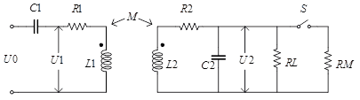This figure shows the equivalent circuit model for the radio frequency identification (RFID) system and the load modulation scheme for wireless communication. In this figure, a circuit is shown. The input port, U0, is connected to the capacitor C1, resistor R1, and an inductor L1. The inductor, L1, is coupled with another inductor, L2, with a coupling coefficient of M. Going clockwise from L2 is a resistor R2 in series. The output port U2 is connected to a capacitor C2 whose one plate is connected to R2, and the other is connected to L2. Resistor RL is connected in parallel with C2, and a switch labeled S and resistor labeled RM is connected in parallel with it.
