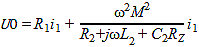 U times 0 equals R subscript 1 times i subscript 1 plus omega squared times M squared divided by R subscript 2 plus j times omega times L subscript 2 plus C subscript 2 times R subscript z all multiplied by i subscript 1. 