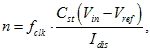 n equals f subscript clk times C subscript st times open parenthesis V subscript in minus V subscript ref closed parenthesis divided by I subscript dis.