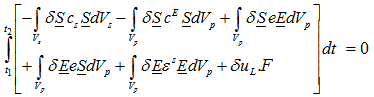 The integral from t subscript 1 to t subscript 2 of open bracket the negative integral with respect to V s of delta times S times c subscript s times S times d times V subscript s minus the integral with respect to V subscript P of delta times S times c superscript E times S times d times V subscript p plus the integral with respect to V subscript P of delta times S times e times E times d times V subscript p plus the integral with respect to V subscript P of delta times E times e times S times d times V subscript p plus the integral with respect to V subscript p of delta times E times epsilon superscript s times E times d times V subscript p plus delta times u subscript L times F end bracket times dt equals zero. 