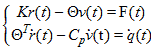 Two coupled equations. The first equation is K times r times open parenthesis t closed parenthesis minus theta times v times open parenthesis t closed parenthesis equals F times open parenthesis t closed parenthesis. The second equation is theta superscript T times r times open parenthesis t closed parenthesis minus C subscript P times v times open parenthesis t closed parenthesis equals q times open parenthesis t closed parenthesis.