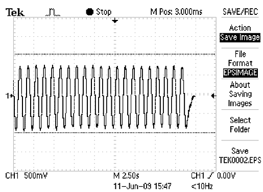The figure shows a sample of voltage response of lead zirconate titanate (PZT) with time under applied sinusoidal strain. There is a tightly compressed wave with 21 peaks.