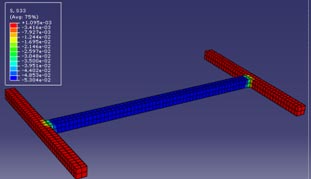 This illustration shows the model of an H-shaped package with simulated stress distributions coded by color. The center of the "H" is blue and represents a stress of -5.30e-02. Each leg of the "H" is red, which represents a stress of +1.095e-03.