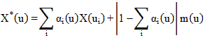 X times open parenthesis mu closed parenthesis equals the sum of alpha subscript i times open parenthesis mu closed parenthesis times X times open parenthesis mu subscript i closed parenthesis plus the absolute value of 1 minus the sum of alpha subscript i times open parenthesis mu closed parenthesis end absolute value times m times open parenthesis mu closed parenthesis.