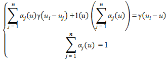 The sum of alpha subscript j times open parenthesis mu closed parenthesis times gamma times open parenthesis mu subscript i minus mu subscript j closed parenthesis plus l times open parenthesis mu closed parenthesis times open parenthesis the summation of alpha subscript j times open parenthesis mu closed parenthesis closed parenthesis equals gamma times open parenthesis mu subscript j minus mu closed parenthesis. The second equations states that the sum of alpha subscript j times open parenthesis mu closed parenthesis equals 1.