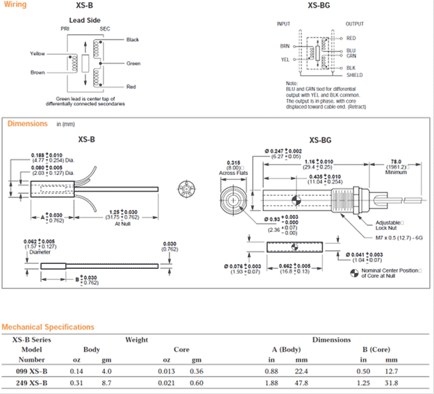 XS-B Series sub miniature LVDT datasheet page 2