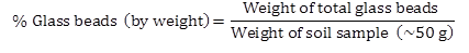 Formula to calculate the percentage of glass beads within a site soil sample. The equation calculates the percent of glass beads within the site soil on a weight basis as equal to the weight of total glass beads in the sample divided by the weight of the soil sample (which was approximately 50 g in each collected sample). 50 g is equivalent to 1.75 oz.