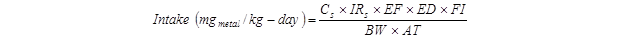Formula to calculate intake of metals due to incidental ingestion. The equation calculates intake in units of mg subscript metal over kg day as equal to the product of C subscript s (exposure concentration in solid matrix) times IR subscript s (ingestion rate of solid matrix) times EF (exposure frequency) times ED (exposure duration) times FI (bioavailable fraction) divided by the product of BW (body weight) times AT (averaging time (days) for carcinogens or non-carcinogens). 