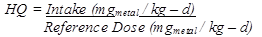 Formula to calculate HQ for direct contact. The equation calculates HQ (hazard quotient) as equal to the intake in units of mg subscript metal divided by kg d divided by the reference dose in units of mg subscript metal divided by kg d. 