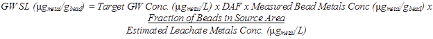 Formula to calculate GW SL. The equation calculates NCSL (non-carcinogenic screening level) in units of  g subscript metal divided by g subscript bead as equal to the product of the Target GW (groundwater) concentration in units of  g subscript metal divided by L times DAF (dilution-attenuation factor) times the Measured Bead Metals Concentration in units of micro grams subscript metal divided by grams subscript bead times the Fraction of Beads in Source Area divided by the Estimated Leachate Metals Concentration in units of micro grams subscript metal divided by L. One micro gram per gram is equivalent to one part per million.