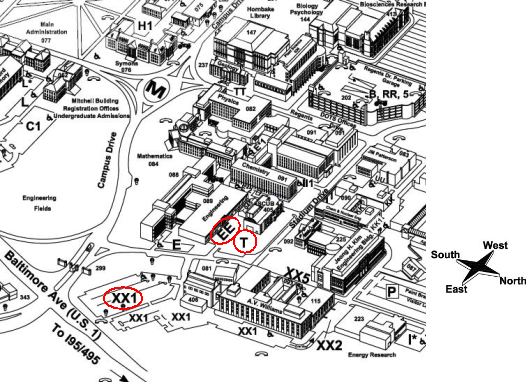 This map shows the locations of the parking lots of the paving projects. Campus Drive runs through the left-center of the map and Baltimore Ave (U.S. Route 1) intersects it in the bottom left comer of the map. Just beyond this intersection, is a parking lot labeled XXl. In the area between Campus Drive and Stadium Drive is a building labeled Engineering. Behind this building, on the side of Stadium Drive, are two additional parking lots labeled EE and T. A compass on the map shows that north is toward the lower right.