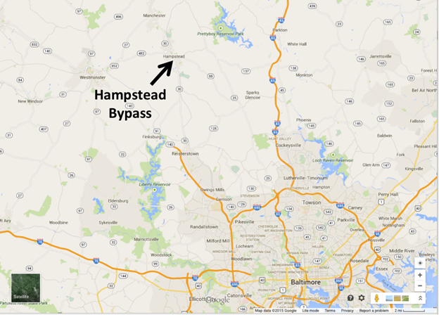 This map shows the location of the Hampstead Bypass project. Baltimore city is located in the bottom right of the map. Surrounding Baltimore is the Interstate 695 loop. Interstate 70 extends west from the bottom of the Interstate 695 loop, while Interstate 795 extends northwest from the top left corner of the loop and Interstate 83 extends north from the top of the loop. Just after Interstate795 ends, MD Route 30 starts near Reisterstown. The Hampstead Bypass project is located on this road near Hampstead and the intersection with MD Route 88.