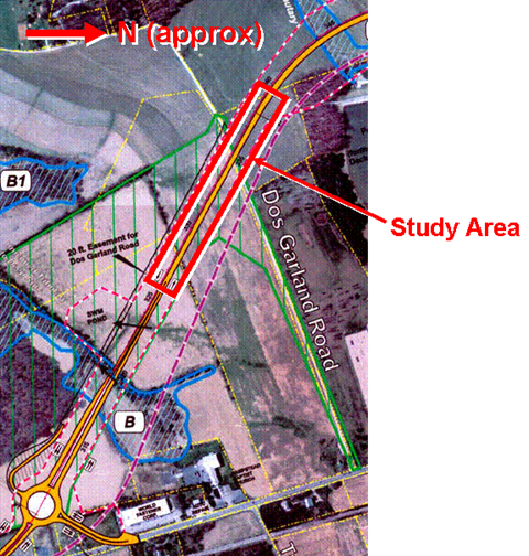 This photo shows a zoomed-in version of the project plan (shown in boxed area in figure 32). The project starts at the bottom left corner with a roundabout and then continues diagonally to the top right corner of the map. An arrow indicating the direction of north is pointing right. The study area is shown with another box toward the upper right corner near the intersection of Dos Garland Road.