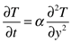 This figure consists of an equation that reads the partial derivative of T with respect to t equals alpha (lowercase) multiplied by the second partial derivative of T with respect to y squared.